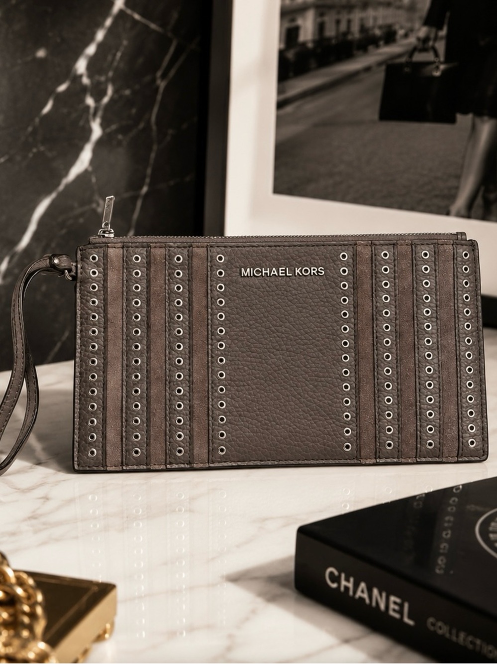 Michael Kors Pebbled Leather Grommet Wristlet Taupe Gray Clutch